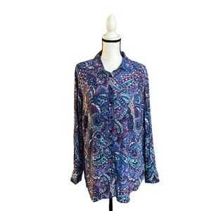Talbots Blue, Aqua, Teal and Purple Paisley Long Sleeve Blouse Large Nwot